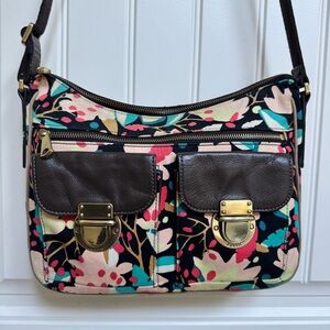 Fossil Riley Fabric Hobo Dark Floral Pushlock Crossbody Handbag. 12” by 9” by 2”